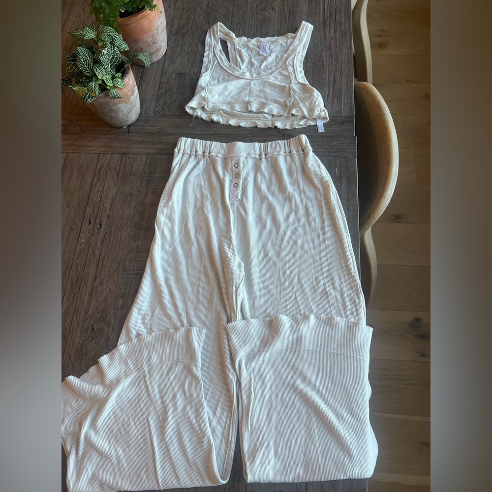 Urban Outfitters Cream Ribbed Lounge Set - Crop Tank & Wide Leg Pants